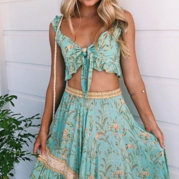 Boho Mint Green Floral Print Ruffle Crop Top Maxi Skirt Set - Picture 2 of 12